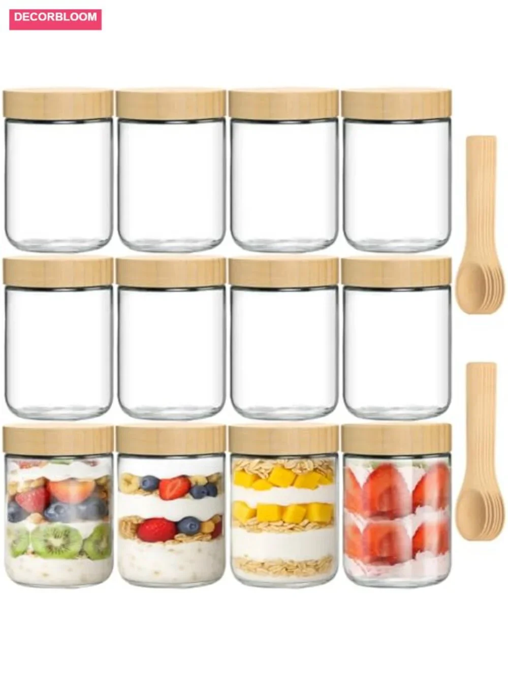 12 Pack 16oz Glass Jars with Bamboo Lids & Spoons, Airtight Overnight Oats